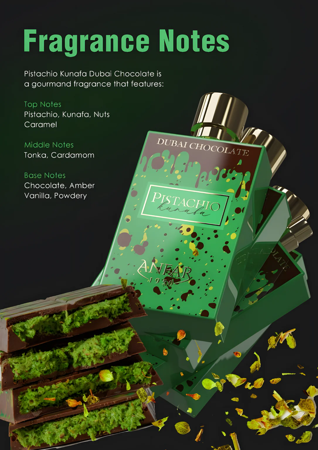 Pistachio Kunafa Dubai Chocolate ANFAR - Muestra 5 ml - Image 4